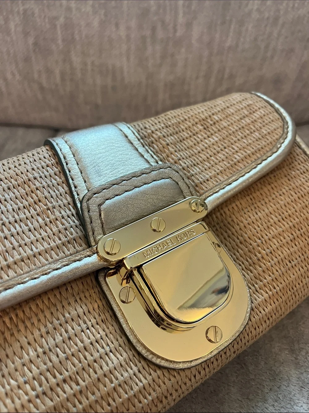 Michael Kors Tan Woven Clutch with Gold Trim